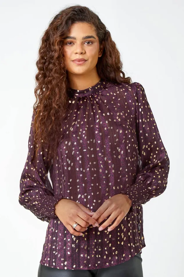 Metallic Animal Spot Print Chiffon Top Women Roman Tops