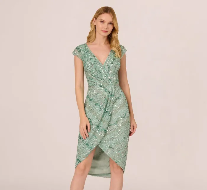 Midi Dresses Womens Adrianna Papell Beaded Faux Wrap Dress With Sheer Cap Sleeves In Icy Sage