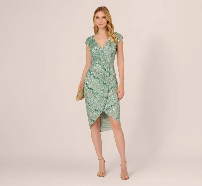 Midi Dresses Womens Adrianna Papell Beaded Faux Wrap Dress With Sheer Cap Sleeves In Icy Sage