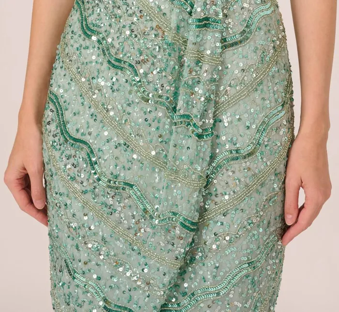 Midi Dresses Womens Adrianna Papell Beaded Faux Wrap Dress With Sheer Cap Sleeves In Icy Sage