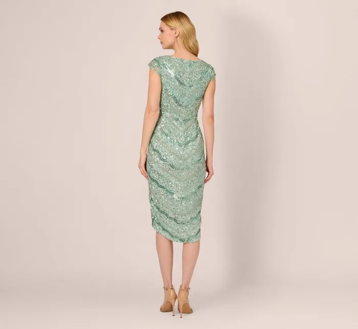 Midi Dresses Womens Adrianna Papell Beaded Faux Wrap Dress With Sheer Cap Sleeves In Icy Sage