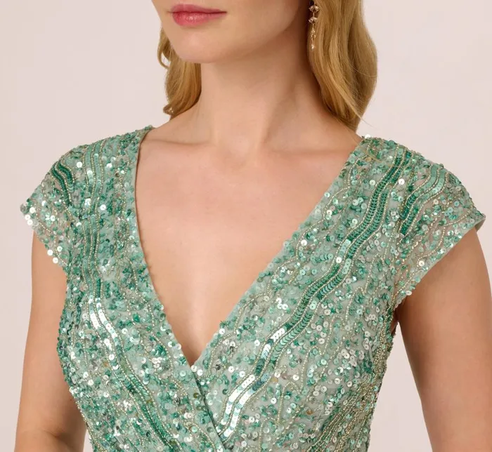 Midi Dresses Womens Adrianna Papell Beaded Faux Wrap Dress With Sheer Cap Sleeves In Icy Sage