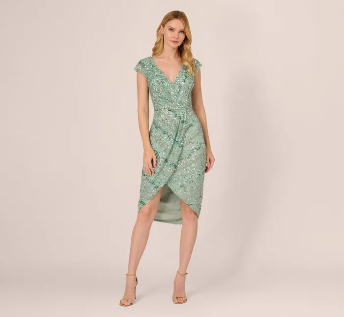 Midi Dresses Womens Adrianna Papell Beaded Faux Wrap Dress With Sheer Cap Sleeves In Icy Sage