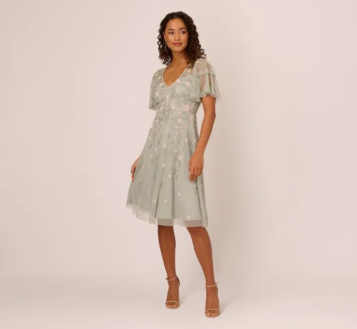 Midi Dresses Womens Adrianna Papell Beaded Midi Dress With Sheer Ruffled Sleeves In Frosted Sage