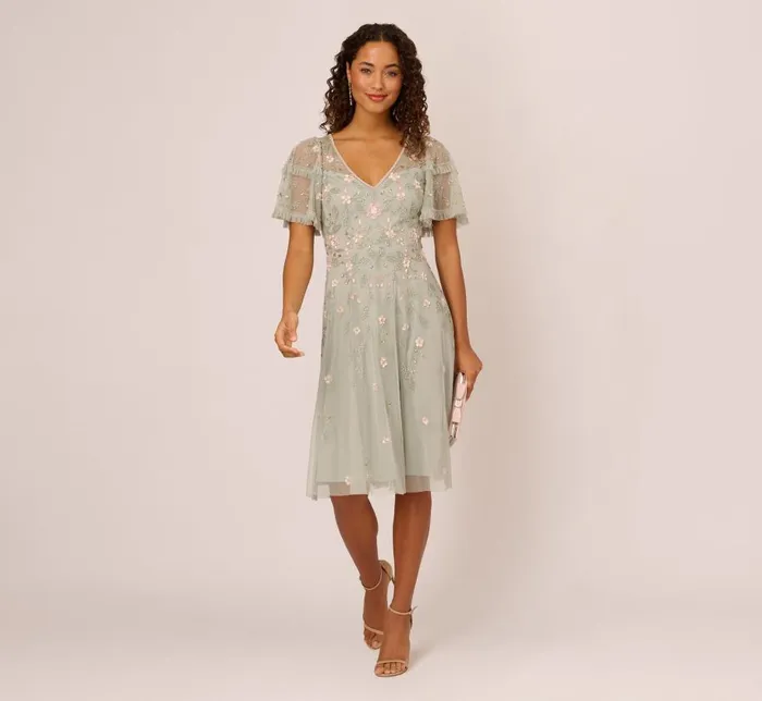 Midi Dresses Womens Adrianna Papell Beaded Midi Dress With Sheer Ruffled Sleeves In Frosted Sage