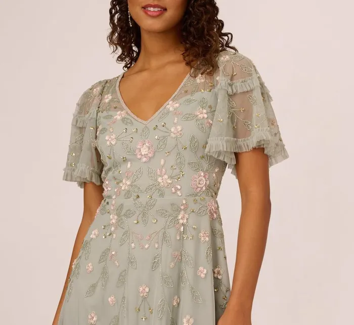 Midi Dresses Womens Adrianna Papell Beaded Midi Dress With Sheer Ruffled Sleeves In Frosted Sage