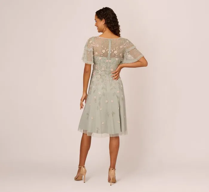 Midi Dresses Womens Adrianna Papell Beaded Midi Dress With Sheer Ruffled Sleeves In Frosted Sage