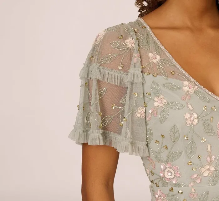 Midi Dresses Womens Adrianna Papell Beaded Midi Dress With Sheer Ruffled Sleeves In Frosted Sage