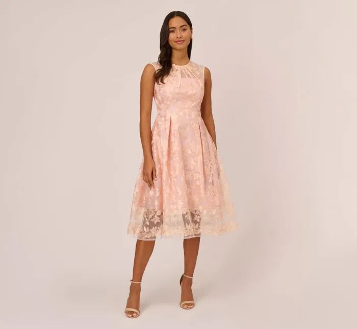 Midi Dresses Womens Adrianna Papell Embroidered Fit And Flare Midi Dress With Sheer Neckline In Apricot Ice