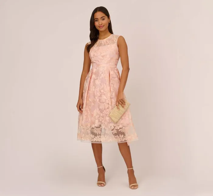 Midi Dresses Womens Adrianna Papell Embroidered Fit And Flare Midi Dress With Sheer Neckline In Apricot Ice