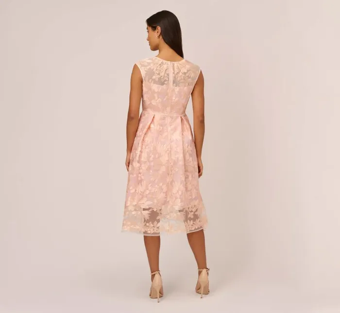 Midi Dresses Womens Adrianna Papell Embroidered Fit And Flare Midi Dress With Sheer Neckline In Apricot Ice