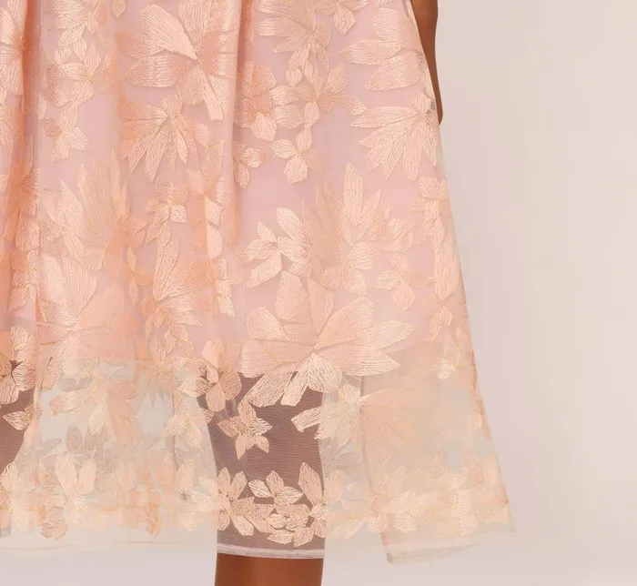 Midi Dresses Womens Adrianna Papell Embroidered Fit And Flare Midi Dress With Sheer Neckline In Apricot Ice