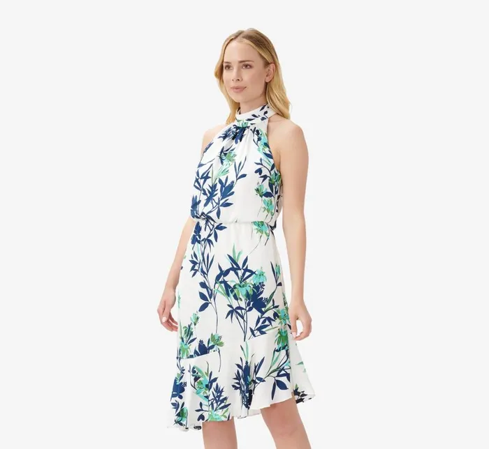 Midi Dresses Womens Adrianna Papell FloralPrint Crepe MidiLength Blouson Halter Dress In Ivory Multi