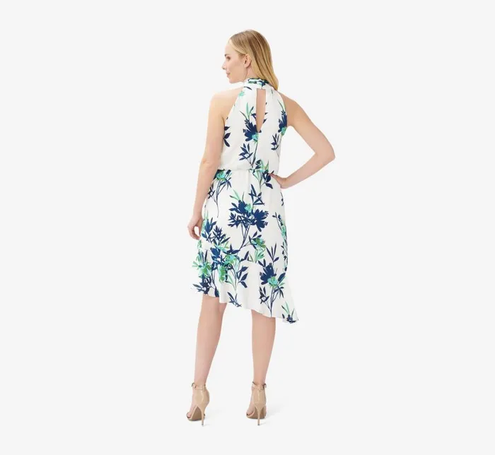 Midi Dresses Womens Adrianna Papell FloralPrint Crepe MidiLength Blouson Halter Dress In Ivory Multi