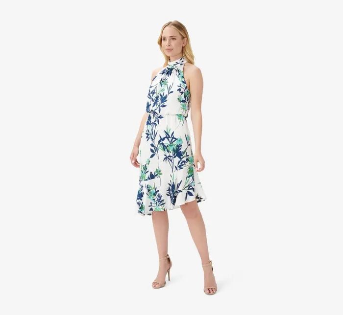 Midi Dresses Womens Adrianna Papell FloralPrint Crepe MidiLength Blouson Halter Dress In Ivory Multi