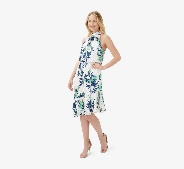 Midi Dresses Womens Adrianna Papell FloralPrint Crepe MidiLength Blouson Halter Dress In Ivory Multi