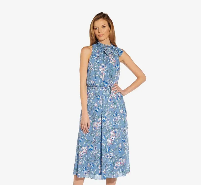 Midi Dresses Womens Adrianna Papell FloralPrint TieNeck MidiLength Chiffon Halter Dress In Blue Multi