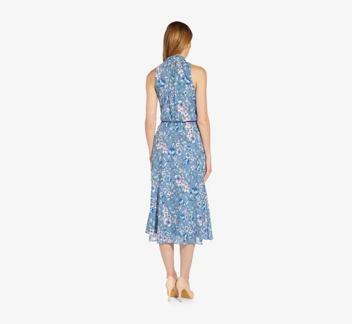 Midi Dresses Womens Adrianna Papell FloralPrint TieNeck MidiLength Chiffon Halter Dress In Blue Multi