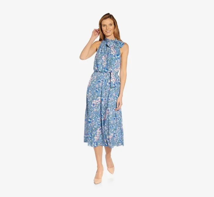 Midi Dresses Womens Adrianna Papell FloralPrint TieNeck MidiLength Chiffon Halter Dress In Blue Multi