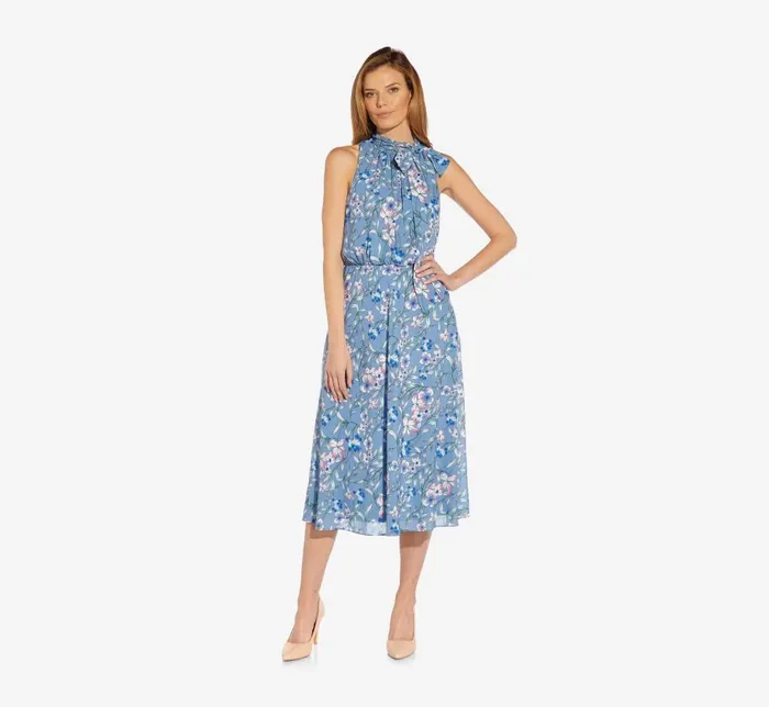Midi Dresses Womens Adrianna Papell FloralPrint TieNeck MidiLength Chiffon Halter Dress In Blue Multi