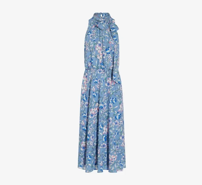 Midi Dresses Womens Adrianna Papell FloralPrint TieNeck MidiLength Chiffon Halter Dress In Blue Multi