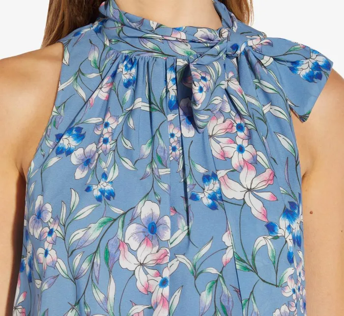 Midi Dresses Womens Adrianna Papell FloralPrint TieNeck MidiLength Chiffon Halter Dress In Blue Multi
