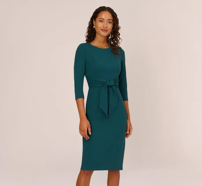 Midi Dresses Womens Adrianna Papell Knit Crepe Bow Sheath Dress With Three Quarter Sleeves In Hunter