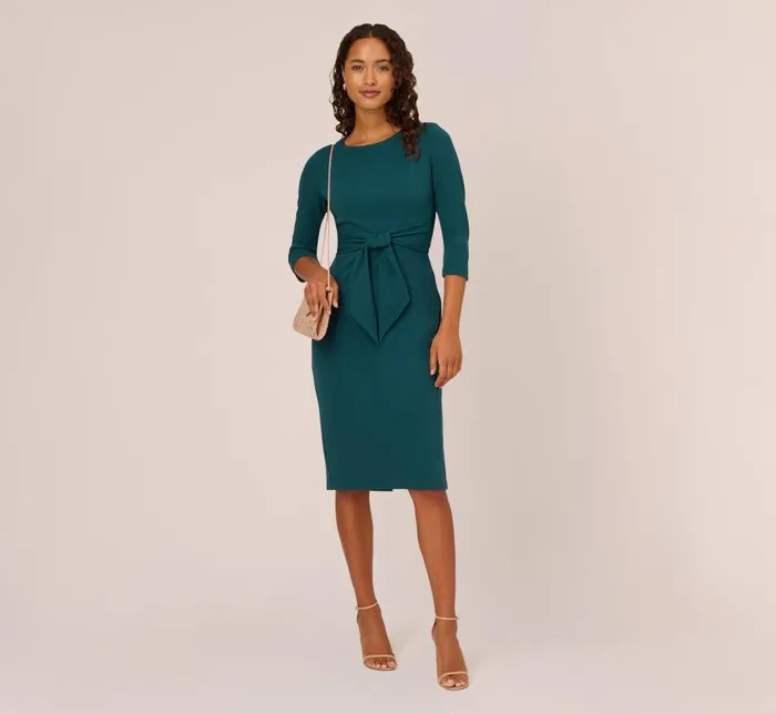 Midi Dresses Womens Adrianna Papell Knit Crepe Bow Sheath Dress With Three Quarter Sleeves In Hunter