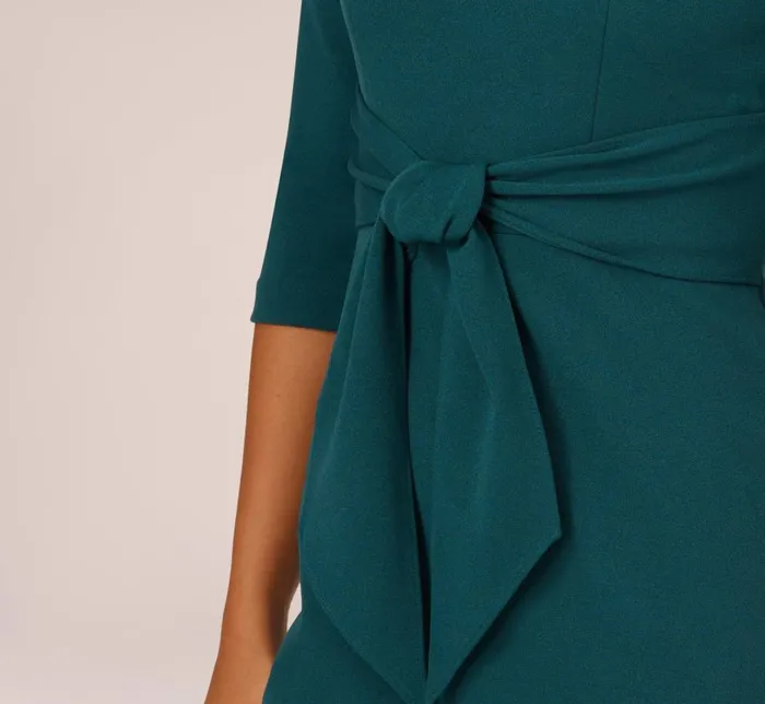 Midi Dresses Womens Adrianna Papell Knit Crepe Bow Sheath Dress With Three Quarter Sleeves In Hunter