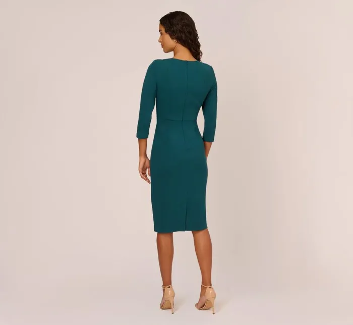 Midi Dresses Womens Adrianna Papell Knit Crepe Bow Sheath Dress With Three Quarter Sleeves In Hunter