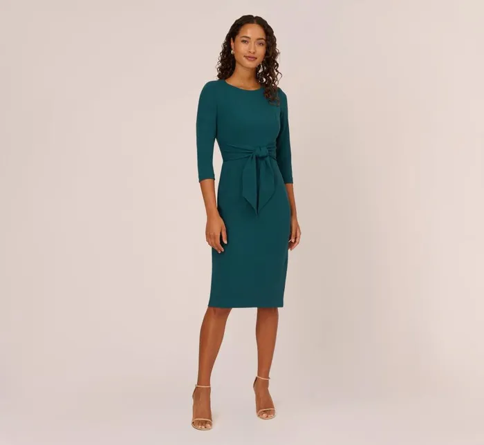 Midi Dresses Womens Adrianna Papell Knit Crepe Bow Sheath Dress With Three Quarter Sleeves In Hunter
