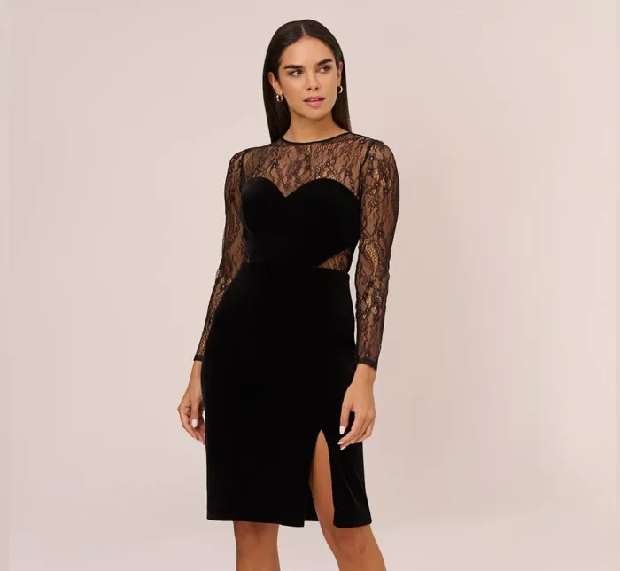 Midi Dresses Womens Adrianna Papell Long Sleeve Velvet Midi Dress With Sheer Lace Details In Black