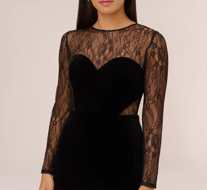 Midi Dresses Womens Adrianna Papell Long Sleeve Velvet Midi Dress With Sheer Lace Details In Black