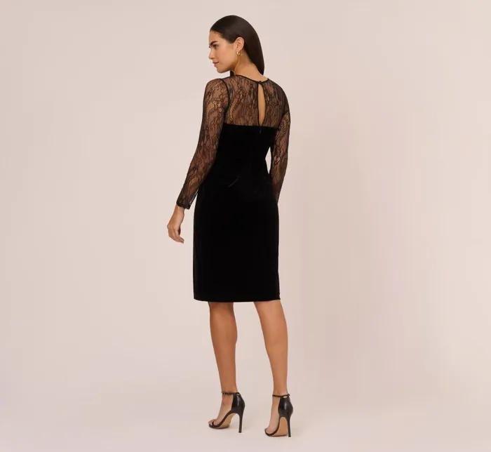 Midi Dresses Womens Adrianna Papell Long Sleeve Velvet Midi Dress With Sheer Lace Details In Black