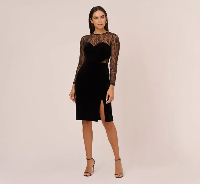 Midi Dresses Womens Adrianna Papell Long Sleeve Velvet Midi Dress With Sheer Lace Details In Black