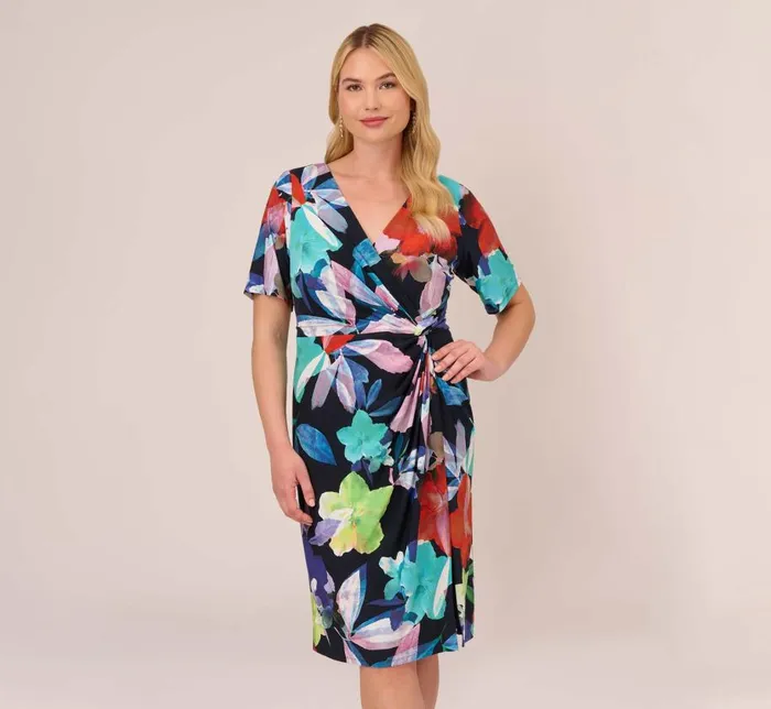 Midi Dresses Womens Adrianna Papell Plus Size Floral Knotted Sheath Dress With ElbowLength Sleeves In Dark Navy Multi