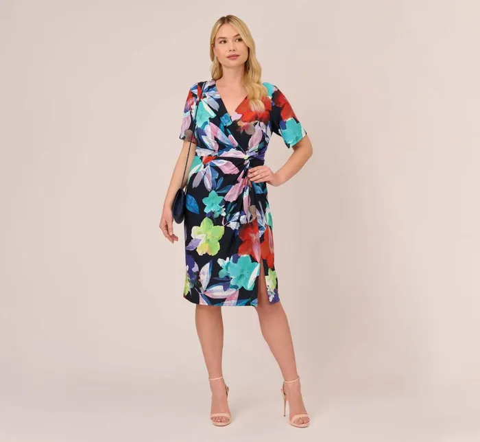 Midi Dresses Womens Adrianna Papell Plus Size Floral Knotted Sheath Dress With ElbowLength Sleeves In Dark Navy Multi