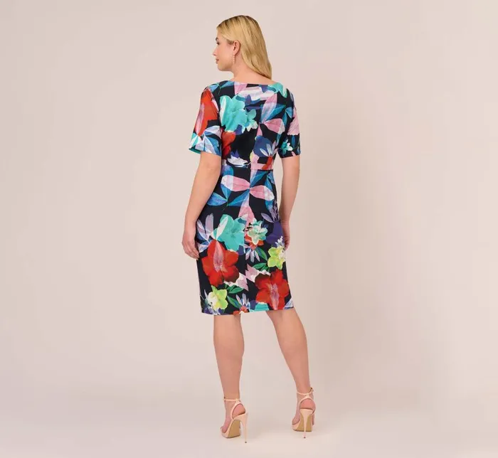 Midi Dresses Womens Adrianna Papell Plus Size Floral Knotted Sheath Dress With ElbowLength Sleeves In Dark Navy Multi