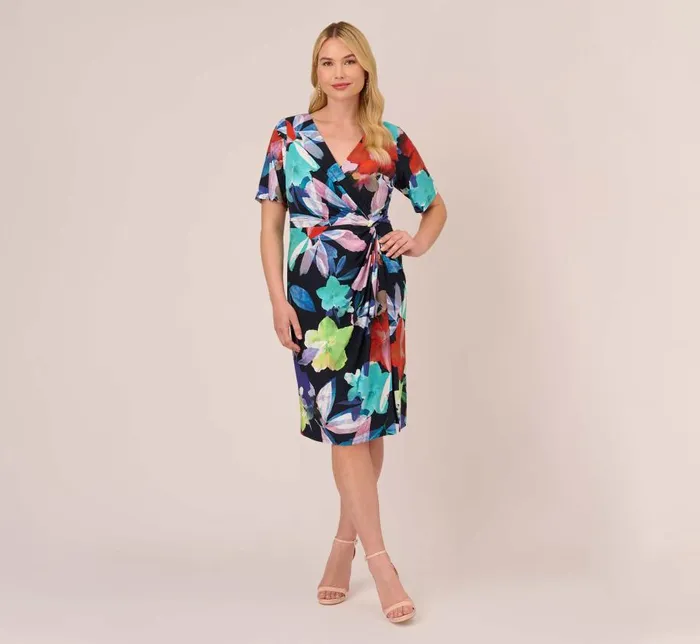Midi Dresses Womens Adrianna Papell Plus Size Floral Knotted Sheath Dress With ElbowLength Sleeves In Dark Navy Multi
