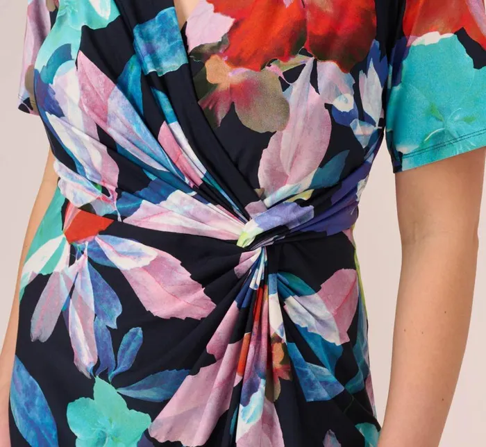 Midi Dresses Womens Adrianna Papell Plus Size Floral Knotted Sheath Dress With ElbowLength Sleeves In Dark Navy Multi