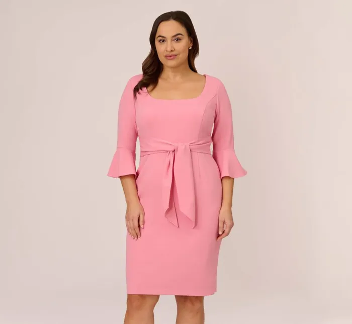 Midi Dresses Womens Adrianna Papell Plus Size Stretch Knit Crepe TieFront MidiLength Sheath Dress In Faded Rose