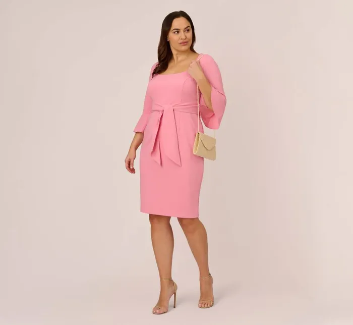 Midi Dresses Womens Adrianna Papell Plus Size Stretch Knit Crepe TieFront MidiLength Sheath Dress In Faded Rose