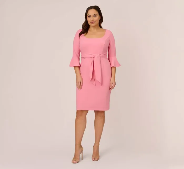 Midi Dresses Womens Adrianna Papell Plus Size Stretch Knit Crepe TieFront MidiLength Sheath Dress In Faded Rose