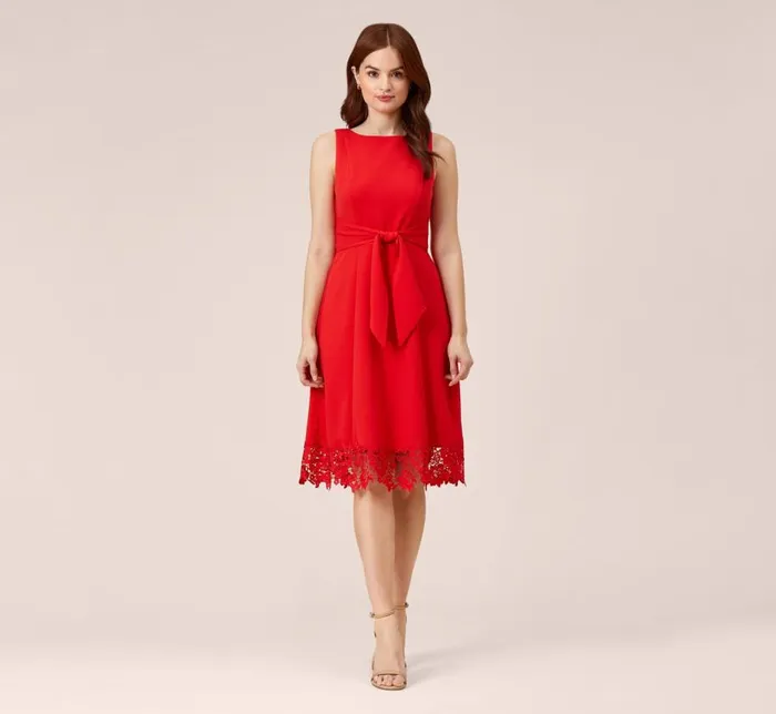 Midi Dresses Womens Adrianna Papell Stretch Knit Crepe MidiLength FitAndFlare Dress With Lace Trim In Cherry Bliss