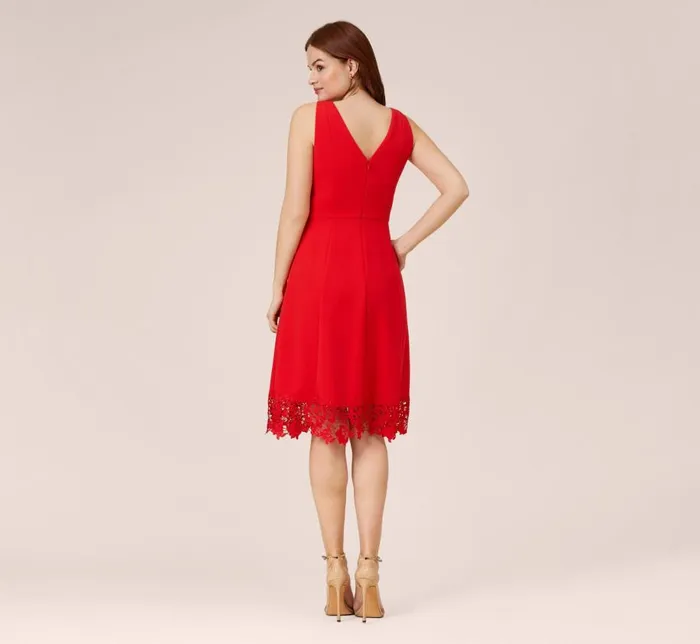 Midi Dresses Womens Adrianna Papell Stretch Knit Crepe MidiLength FitAndFlare Dress With Lace Trim In Cherry Bliss
