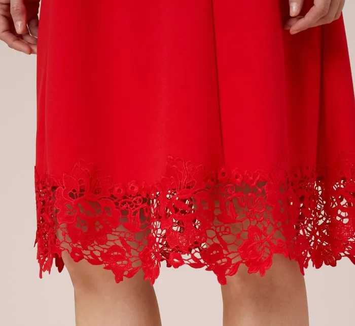 Midi Dresses Womens Adrianna Papell Stretch Knit Crepe MidiLength FitAndFlare Dress With Lace Trim In Cherry Bliss