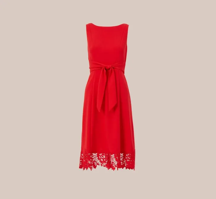 Midi Dresses Womens Adrianna Papell Stretch Knit Crepe MidiLength FitAndFlare Dress With Lace Trim In Cherry Bliss