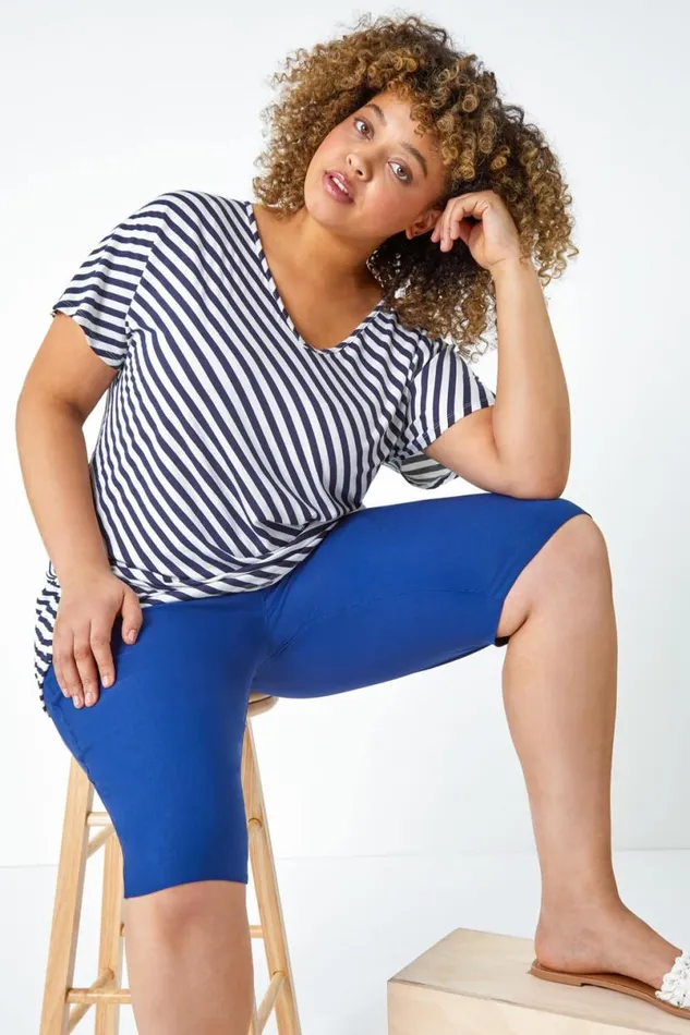 Midnight Blue Curve Knee Length Elastic Waist Shorts Women Roman Coords
