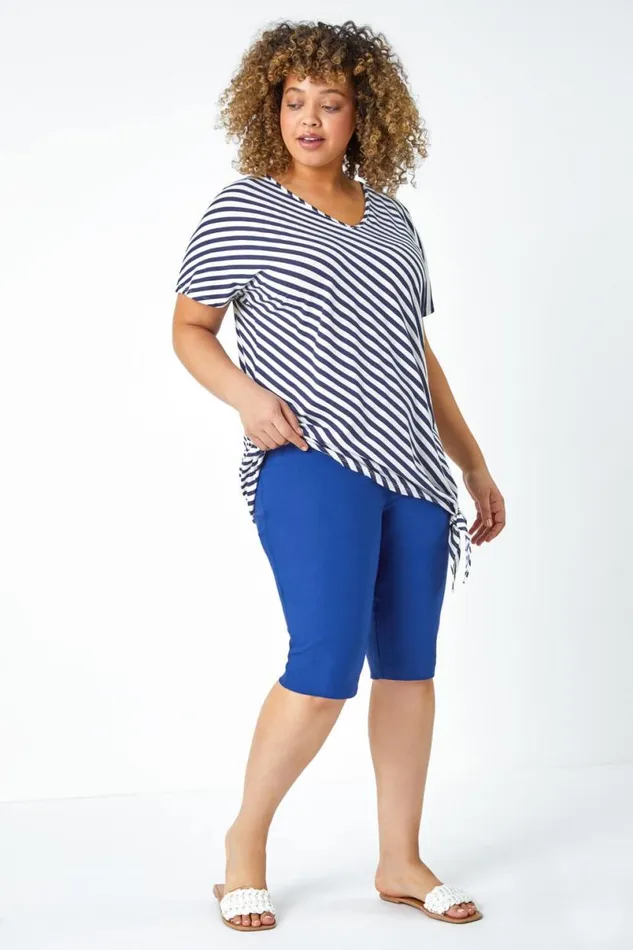 Midnight Blue Curve Knee Length Elastic Waist Shorts Women Roman Coords