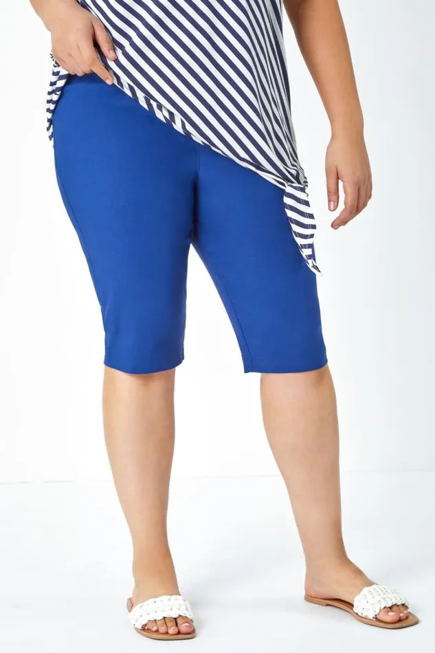 Midnight Blue Curve Knee Length Elastic Waist Shorts Women Roman Coords